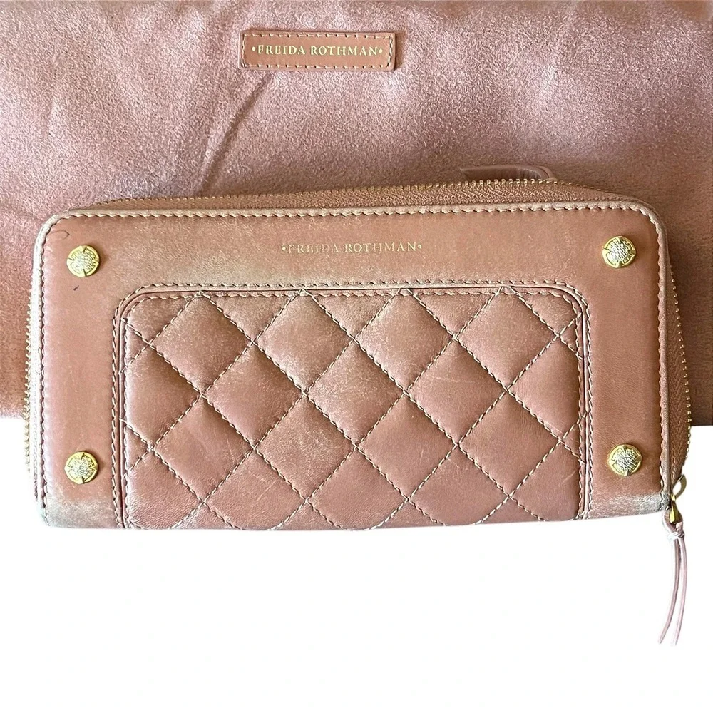 Freida Rothman Quilted Leather Crossbody Bag and Zip Wallet Set Mauve Brown Gold